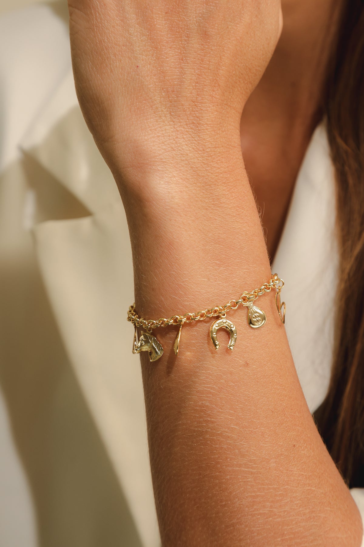 Pulseira Coração, Gota e Ferradura Dourada